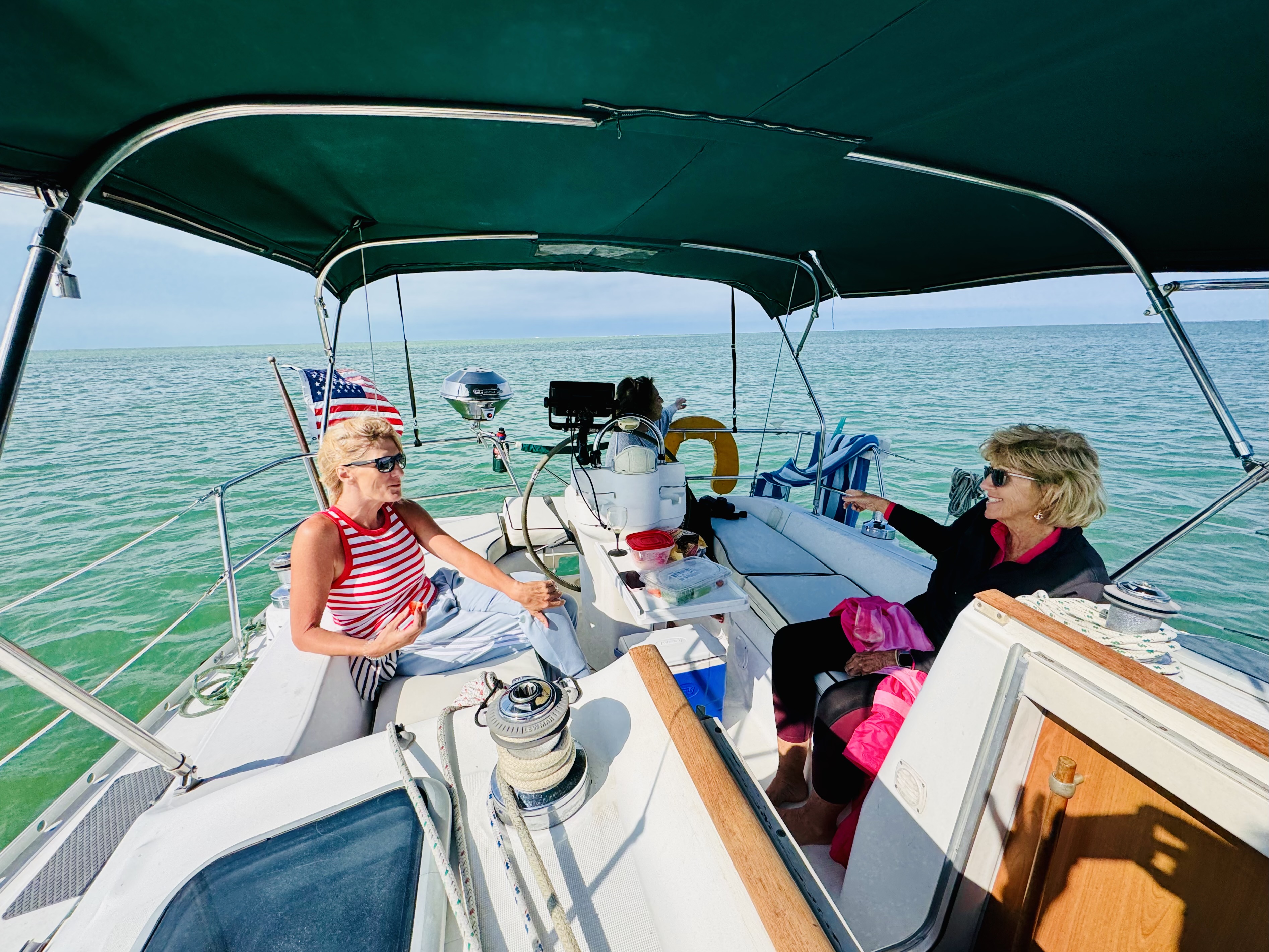 Comfortable cockpit with bimini shade and guests enjoying the sail