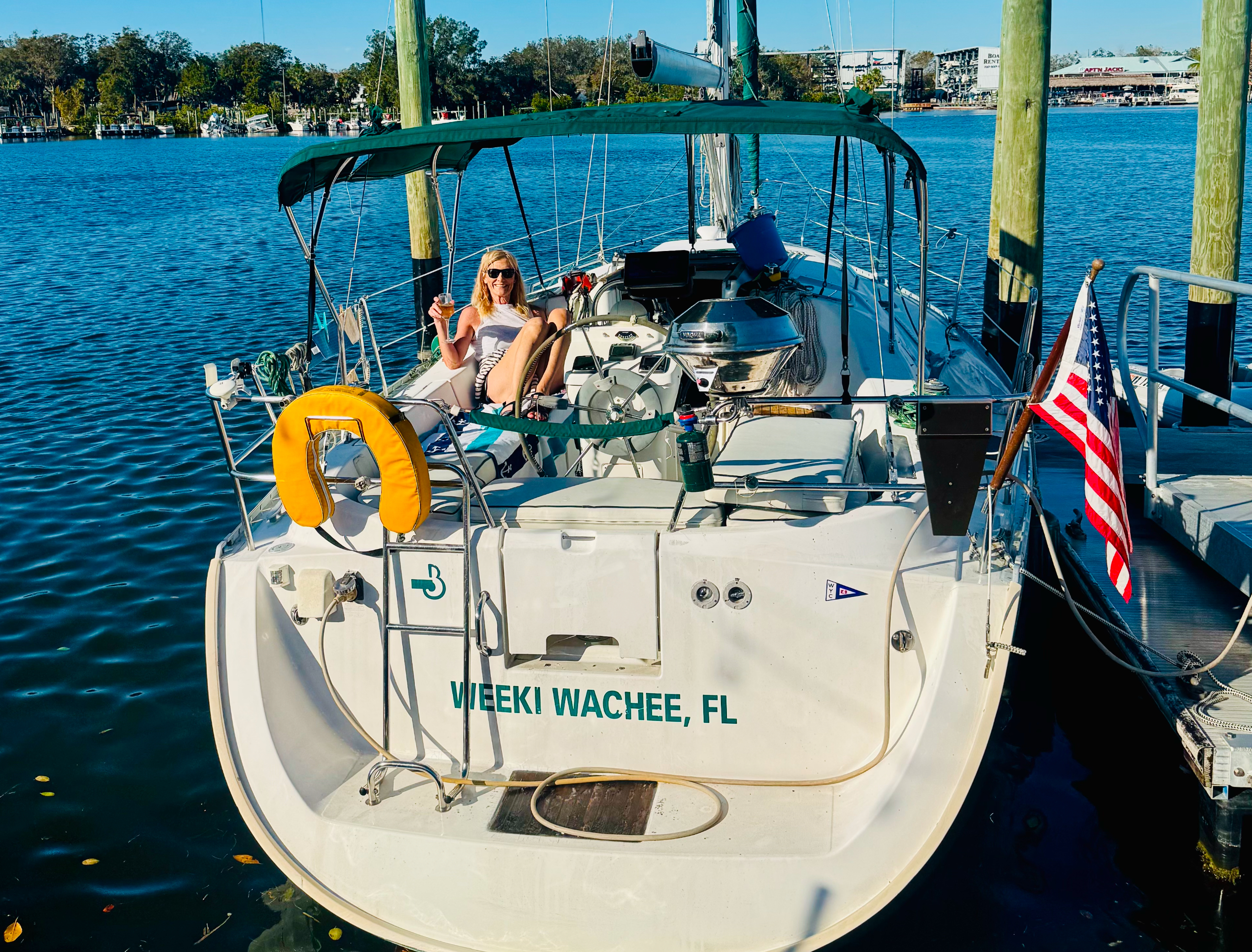 Jodi relaxing on the swim platform of Northern Lights